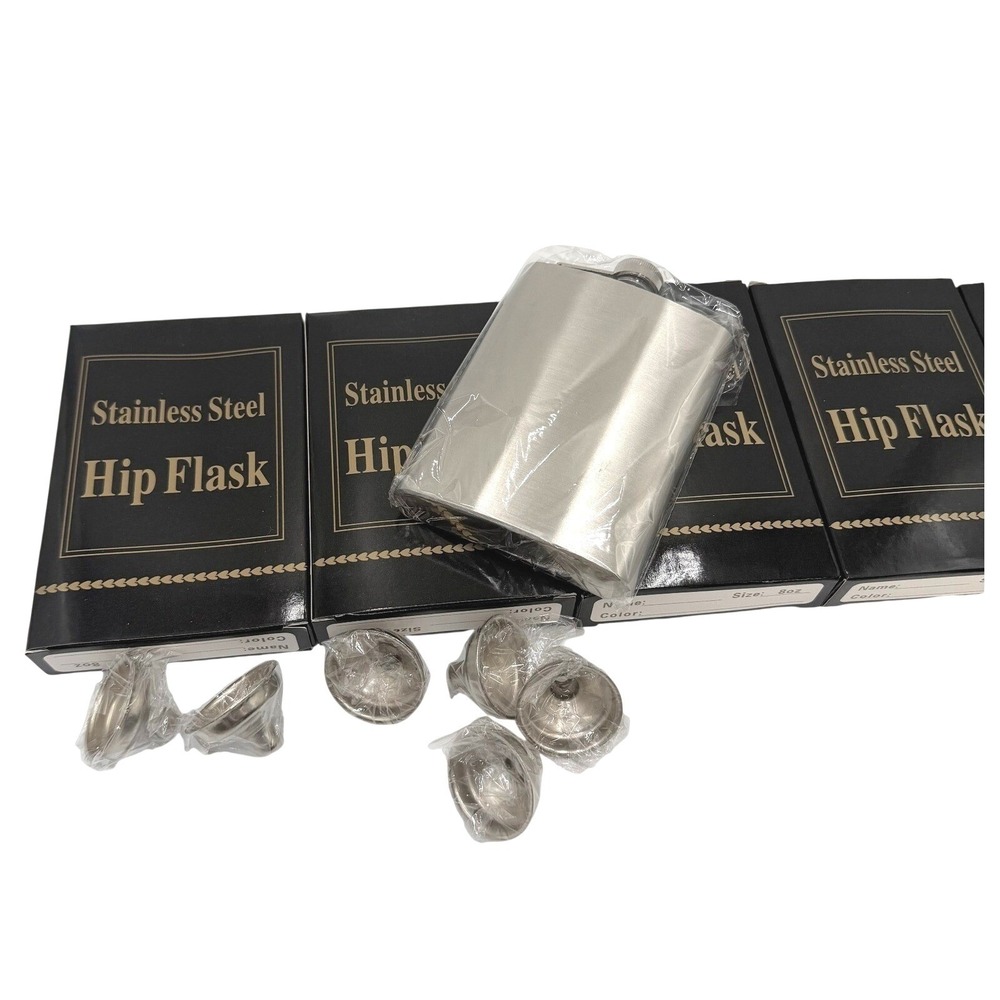 Set of 5 Stainless Steel Hip Flask 8oz Classic Curved‎ Design with Screw Cap Lot
